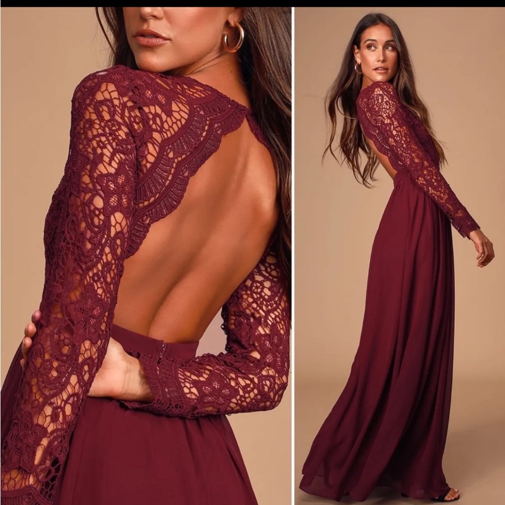 Awaken My Love Burgundy Long Sleeve Lace Maxi Dress small bridesmaids maternity